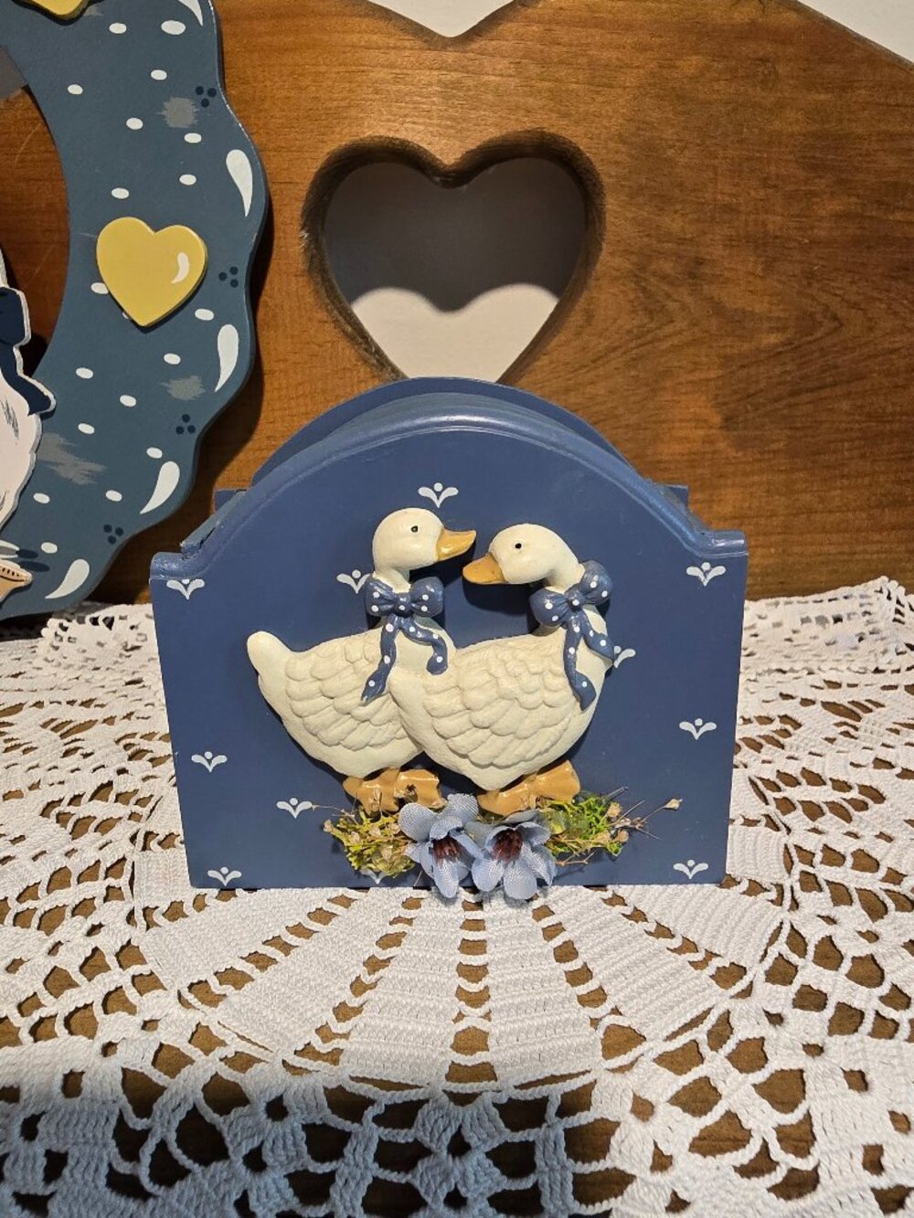 Vintage 1980s Country Goose Wooden Coaster Set with Holder Blue